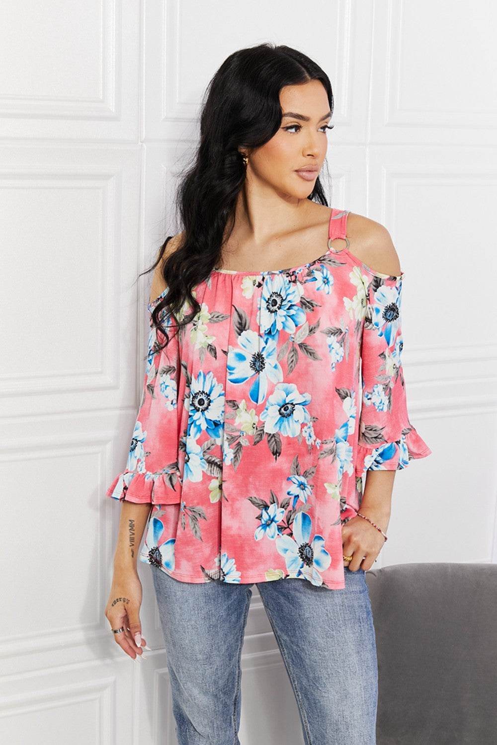 Sew In Love Full Size Fresh Take Floral Cold-Shoulder Top - Hovatok