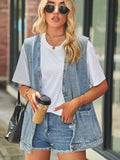 Full Size V-Neck Button Up Denim Vest - Hovatok