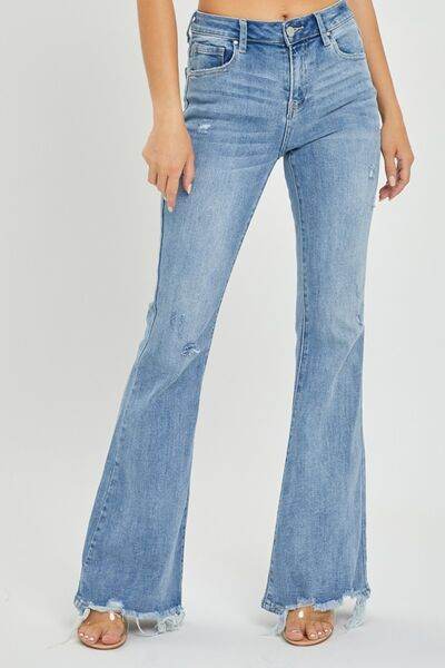 Risen Full Size High Rise Frayed Hem Flare Jeans - Hovatok