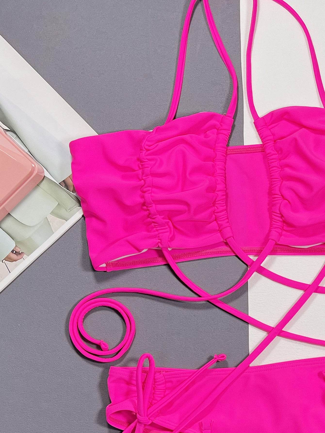 Halter Neck Drawstring Detail Bikini Set - Hovatok