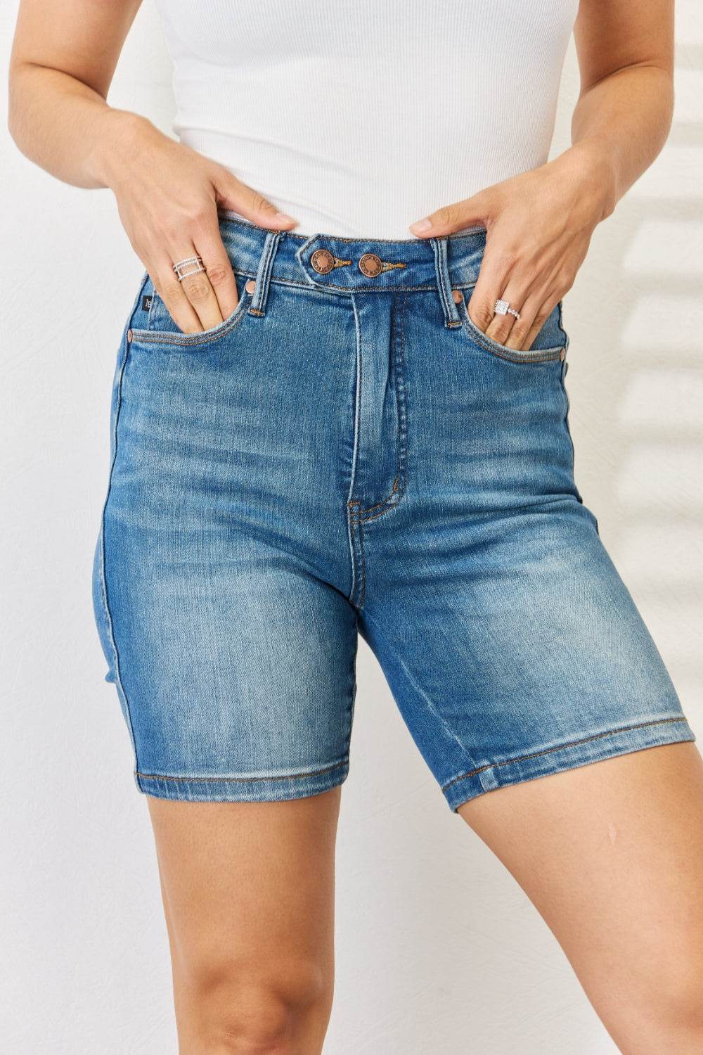 Judy Blue Full Size Tummy Control Double Button Bermuda Denim Shorts - Hovatok