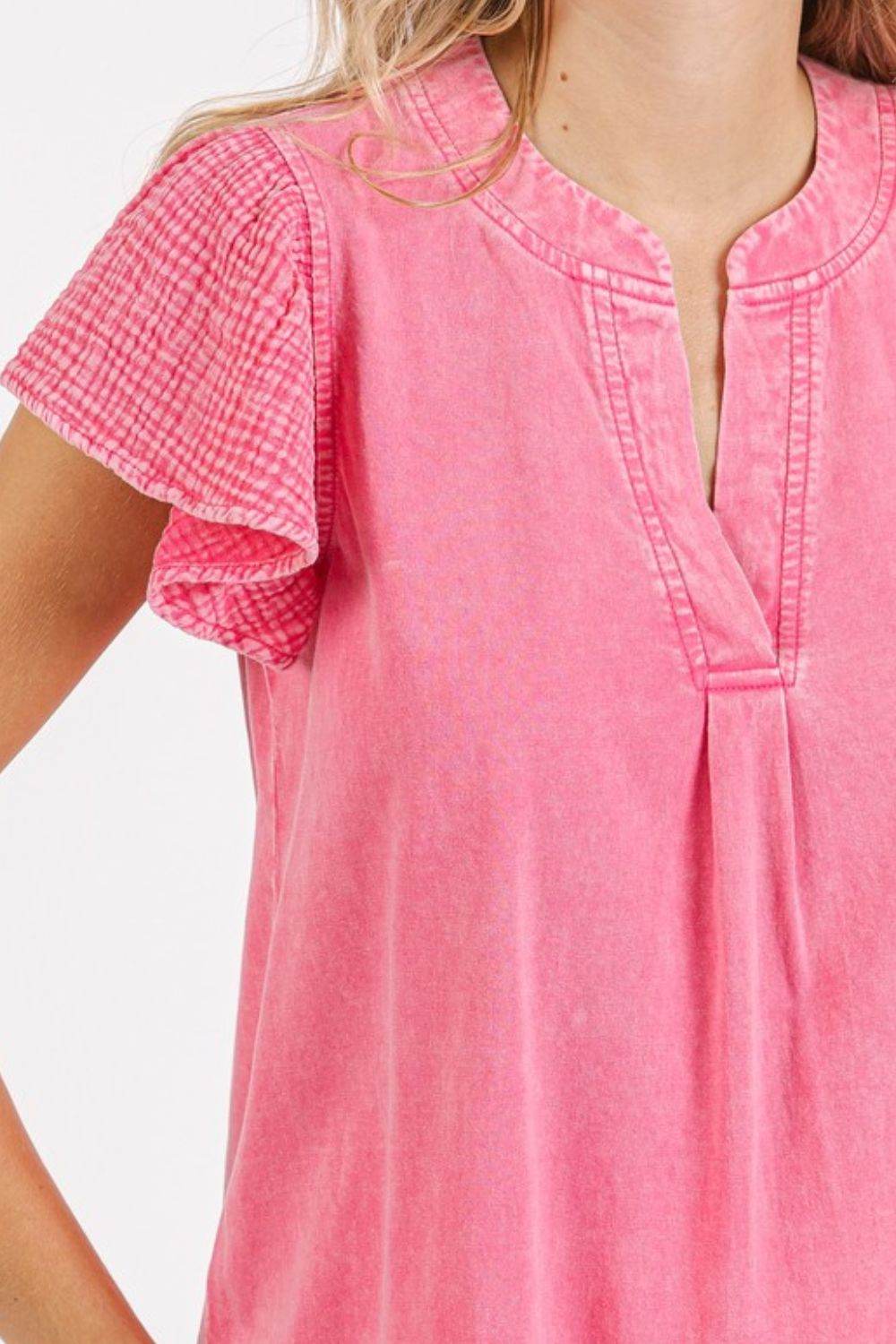 Mittoshop Mix Media Ruffle Short Sleeve Mineral Wash Top - Hovatok