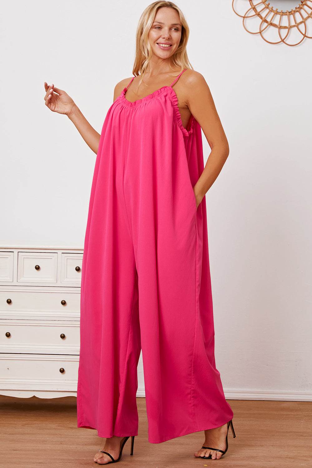 Double Take Full Size Ruffle Trim Tie Back Cami Jumpsuit with Pockets - Hovatok