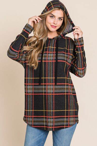 BOMBOM Drawstring Plaid Long Sleeve Hoodie - Hovatok