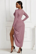 High-low Ruched Surplice Long Sleeve Dress - Hovatok
