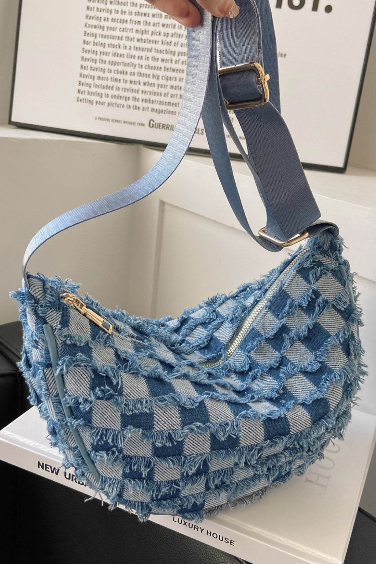 Raw Hem Checkered Denim Crossbody Bag - Hovatok