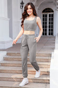 Waffle-Knit Cropped Tank and Drawstring Pants Set - Hovatok