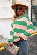 Angel Wings Striped Balloon Sleeve Knit Pullover - Hovatok