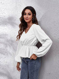 V-Neck Balloon Sleeve Peplum Blouse - Hovatok