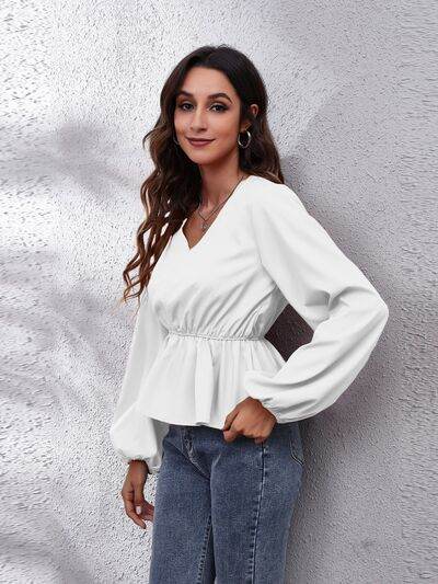 V-Neck Balloon Sleeve Peplum Blouse - Hovatok