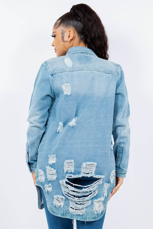 American Bazi Distressed Button Up Long Sleeve Denim Jacket - Hovatok