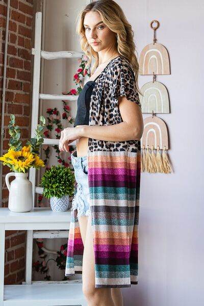 Heimish Full Size Animal Leopard and Stripe Open Cardigan Plus Size - Hovatok