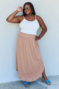 Doublju Comfort Princess Full Size High Waist Scoop Hem Maxi Skirt in Tan - Hovatok