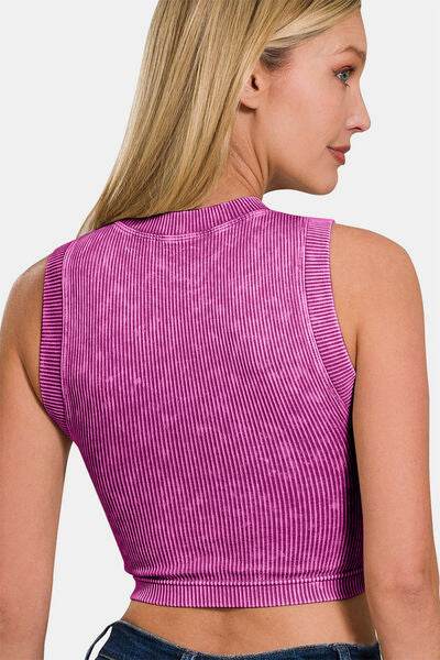 Zenana Washed Ribbed Seamless Crop Tank with Bra Pad - Hovatok