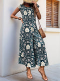Perfee Printed Round Neck Cap Sleeve Wide Leg Jumpsuit - Hovatok