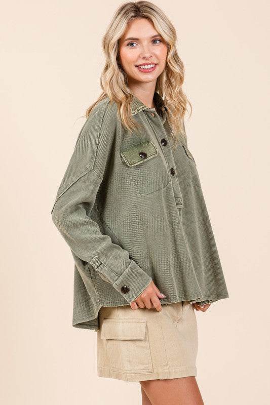 Mittoshop Mineral Wash Waffle Knit Collared Neck Henley Top - Hovatok