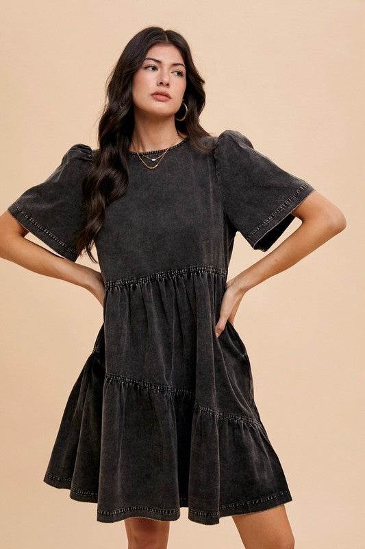 Annie Wear Mineral Washed Round Neck Short Sleeve Denim Dress - Hovatok