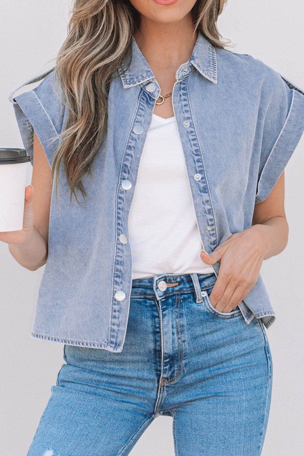 Snap Down Cap Sleeve Denim Top - Hovatok