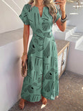 Devine Printed Notched Short Sleeve Wide Leg Jumpsuit - Hovatok