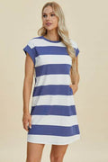Basic Bae Full Size Striped Round Neck Cap Sleeve Mini Dress - Hovatok