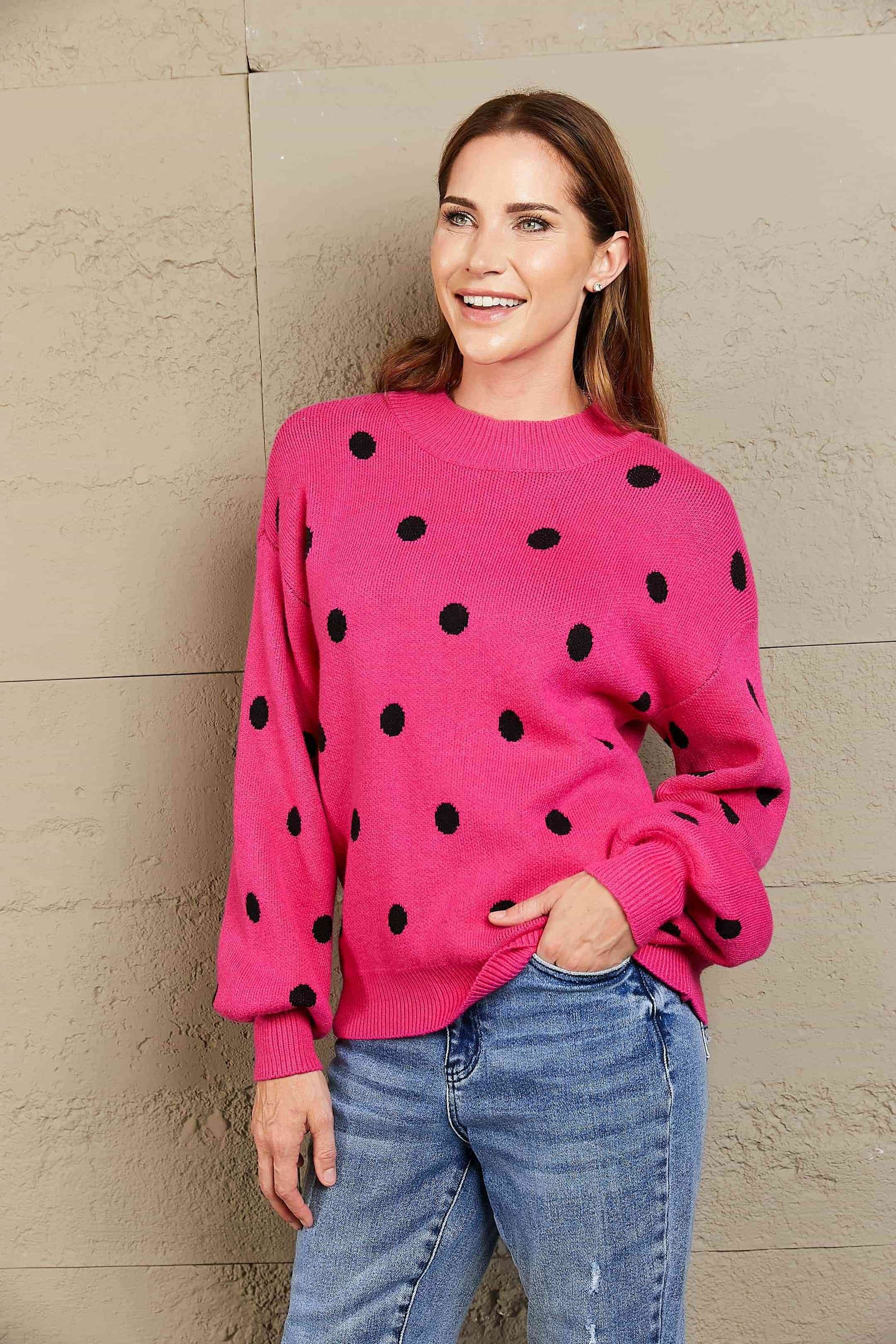 Angel Wings Woven Right Polka Dot Round Neck Dropped Shoulder Sweater - Hovatok