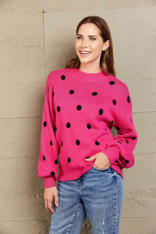 Angel Wings Woven Right Polka Dot Round Neck Dropped Shoulder Sweater - Hovatok