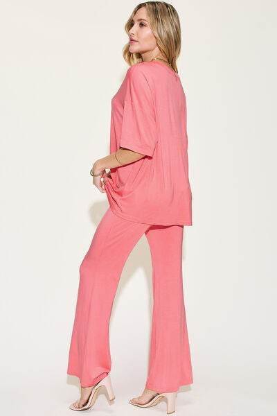 Basic Bae Full Size Bamboo Drop Shoulder T-Shirt and Flare Pants Set - Hovatok