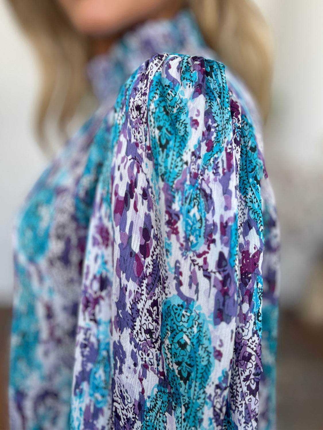 Double Take Full Size Printed Smocked Long Sleeve Blouse - Hovatok