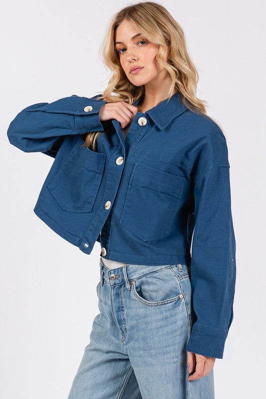 bytos Button Down Cropped Denim Jacket with Patch Pockets - Hovatok