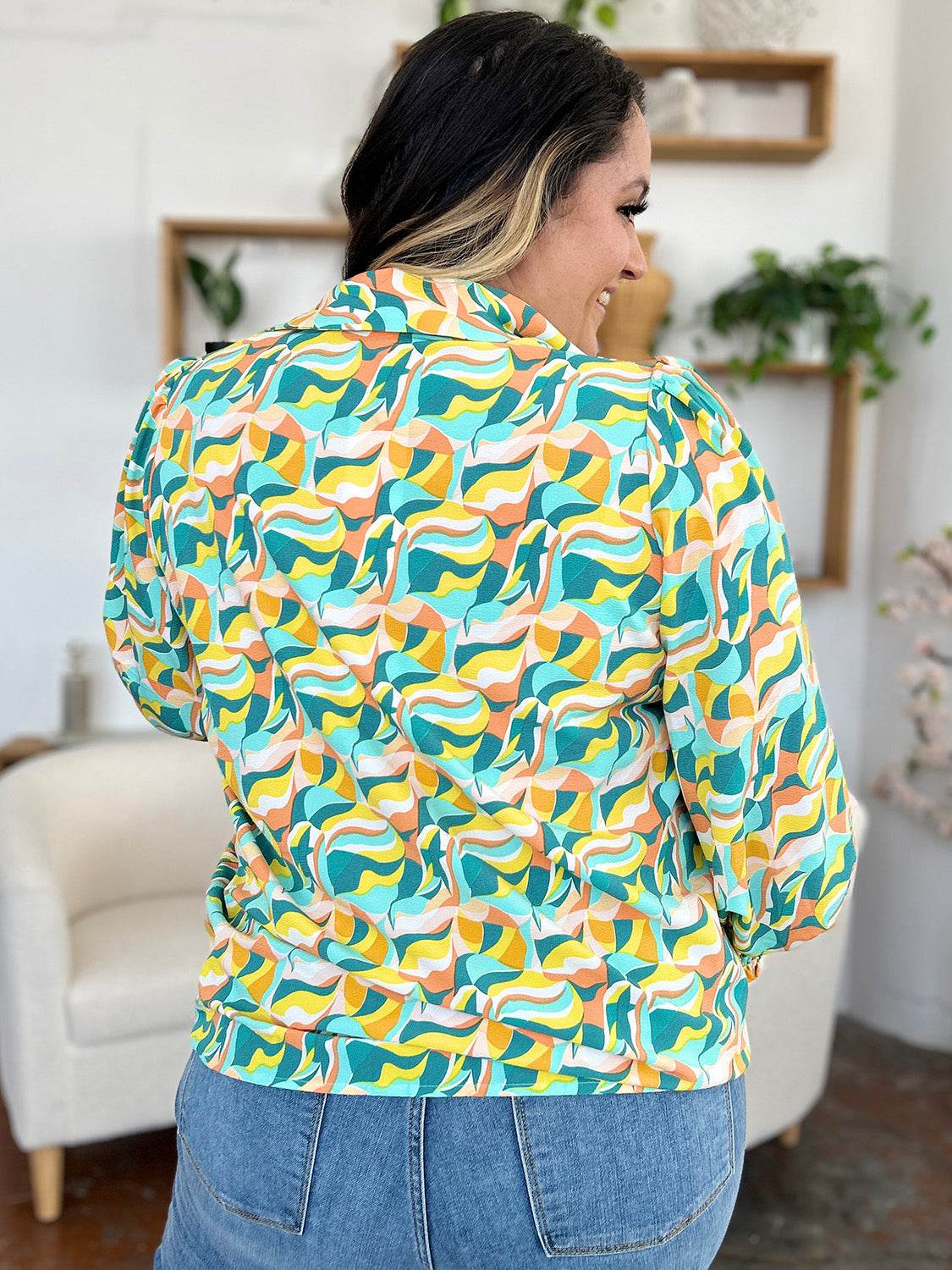 Double Take Full Size Printed Smocked Long Sleeve Blouse - Hovatok