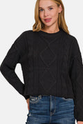 Zenana Cropped High Low Cable Sweater with Side Slits - Hovatok