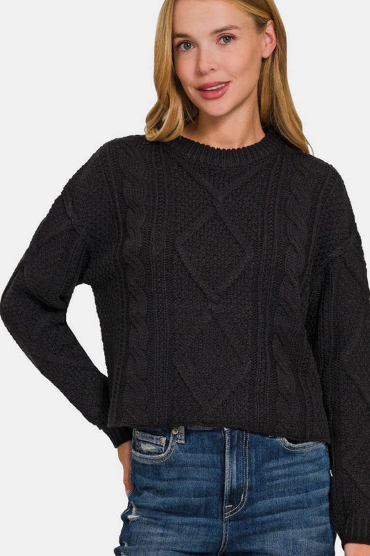 Zenana Cropped High Low Cable Sweater with Side Slits - Hovatok