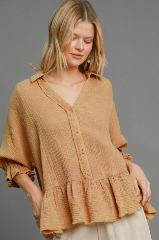 Umgee Full Size Mineral Washed Cotton Gauze Top Plus Size - Hovatok