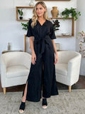 Double Take Full Size V-Neck Tied Side Slit Jumpsuit - Hovatok