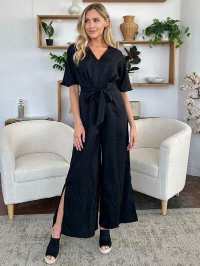 Double Take Full Size V-Neck Tied Side Slit Jumpsuit - Hovatok