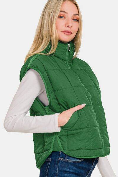 Zenana Zip Up Cropped Puffer Vest with Pockets - Hovatok