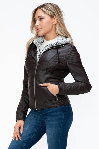YMI Faux Layered Double-Zipper Jacket with Fuzzy Hood - Hovatok