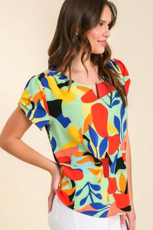 Umgee Full Size Short Sleeved Abstract Print Top Plus Size - Hovatok