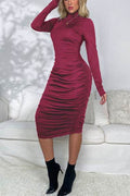 Ruched Mock Neck Long Sleeve Dress - Hovatok