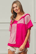 BiBi Color Block Exposed Seam Short Sleeve Hooded Top - Hovatok