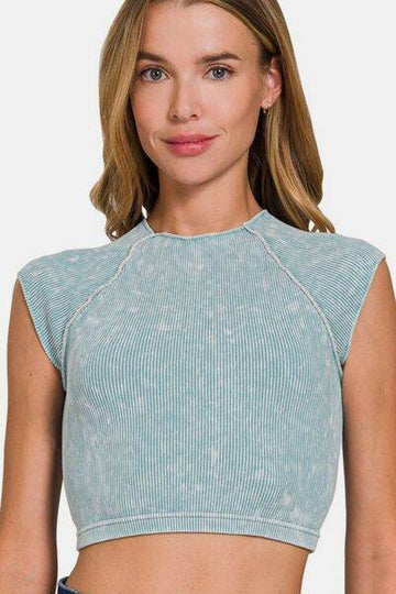 Zenana Ribbed Round Neck Cropped Top - Hovatok
