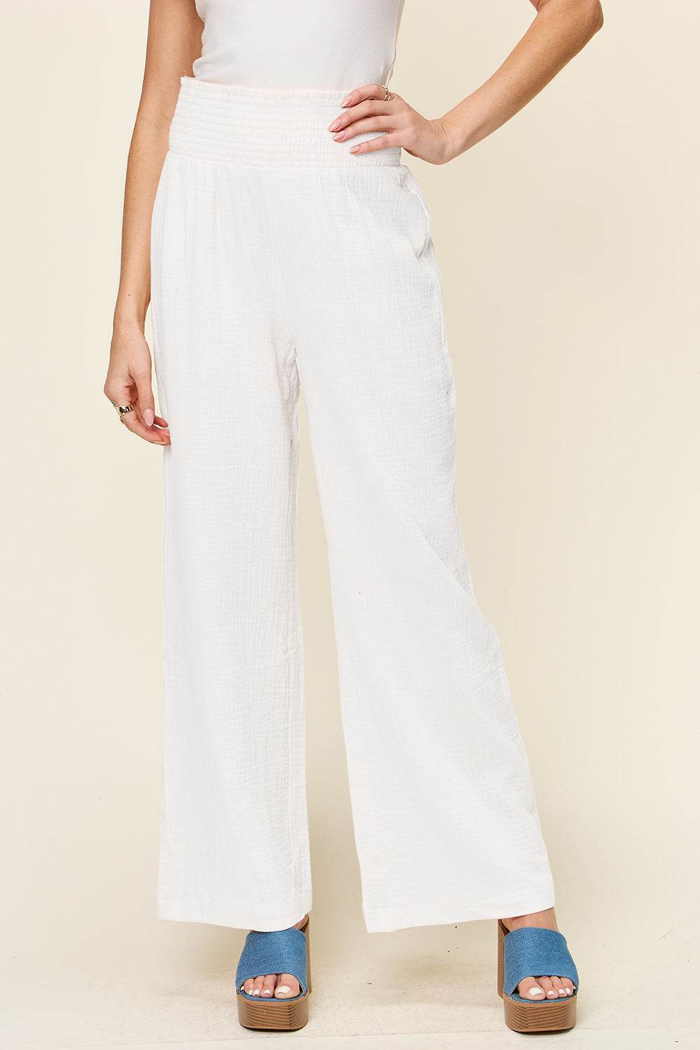 Double Take Full Size Texture Smocked Waist Wide Leg Pants - Hovatok