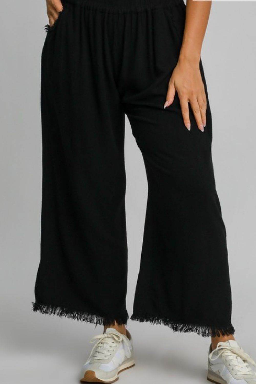 Umgee Full Size Linen Blend Elastic Waistband Wide Leg Pants Plus Size - Hovatok