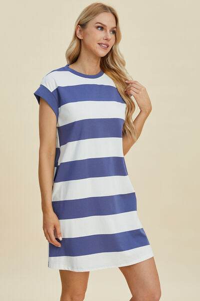 Basic Bae Full Size Striped Round Neck Cap Sleeve Mini Dress - Hovatok