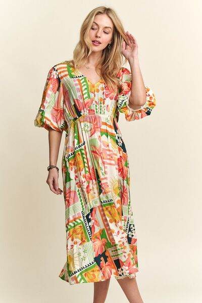 ADORA Floral V-Neck Puff Sleeve Midi Dress - Hovatok