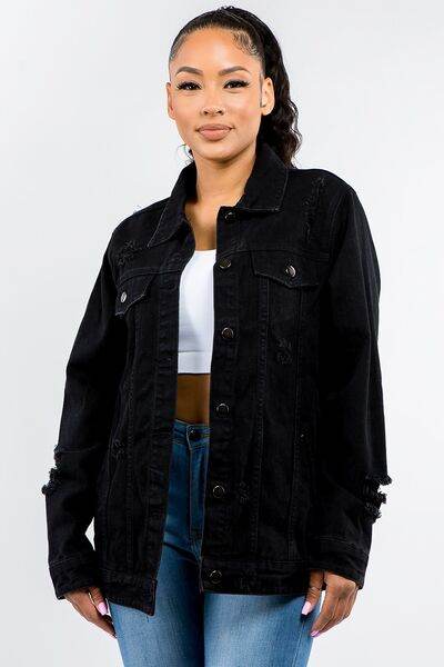 American Bazi Full Size Button Up Distressed Denim Jacket - Hovatok