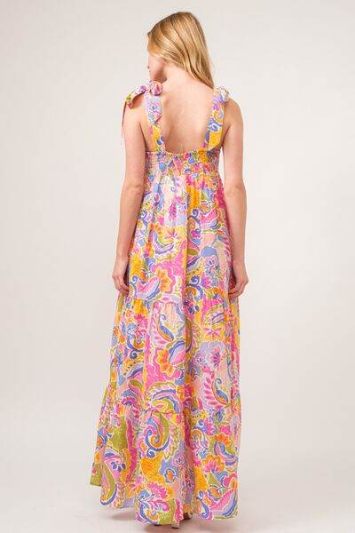 And The Why Full Size Printed Tie Shoulder Tiered Maxi Dress - Hovatok