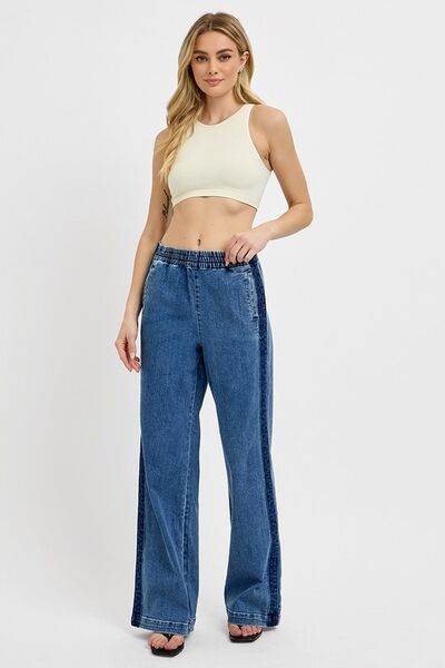 RISEN Full Size Elastic Waist Wide Leg Jeans Plus Size - Hovatok