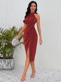 Slit Ruched Mock Neck Sleeveless Dress - Hovatok