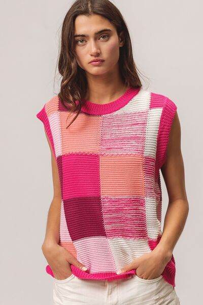 BiBi Color Block Round Neck Sweater Vest - Hovatok